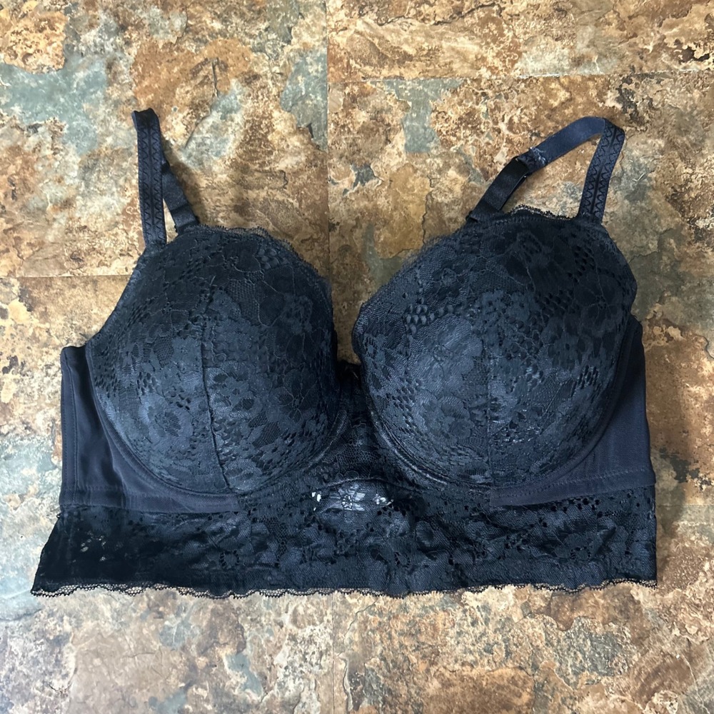 Adored By Adore Me Lightly Lined Longline Bra Womens Size 38DD Black Floral Lace